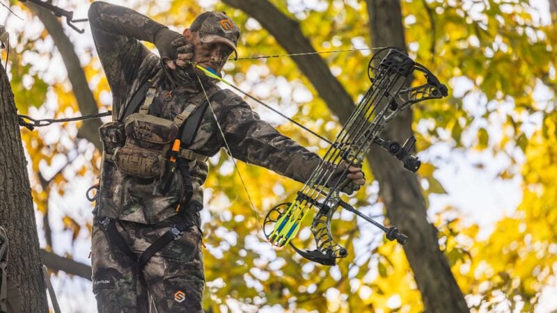 bowhunter at full draw in a tree with yellow leaves during the fall