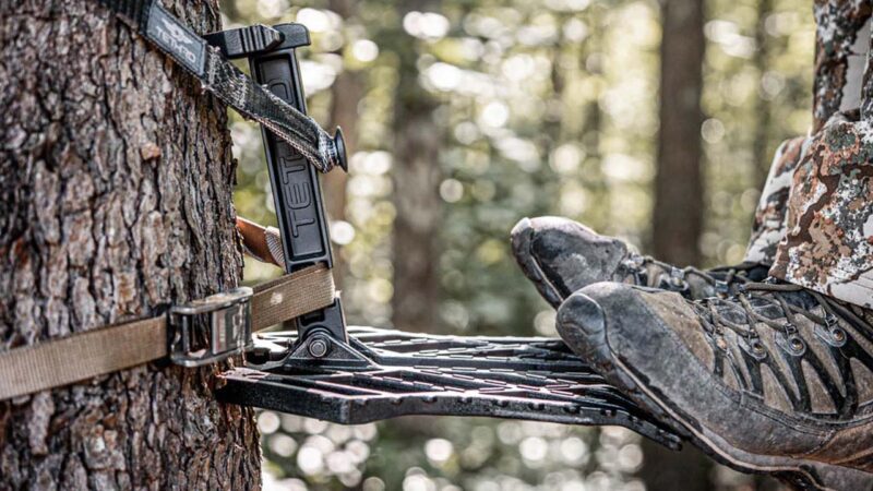 Tethrd Predator V saddle platform in a tree with a hunter standing on the edge of it.